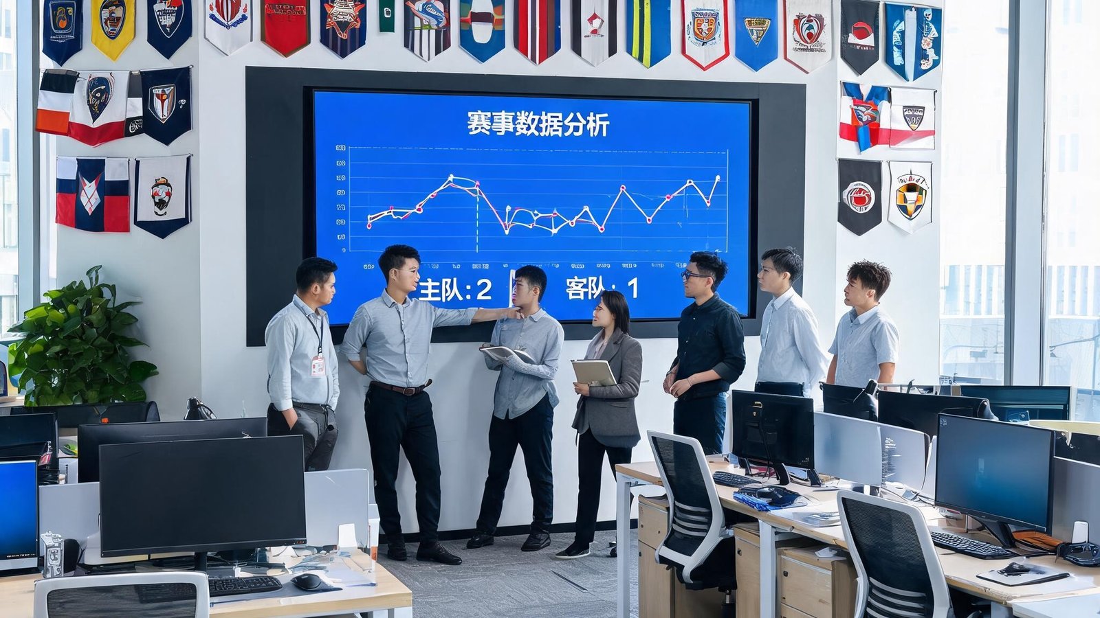 MKSPORTS北京总部开放式办公区，团队成员正在大屏前讨论赛事数据，墙上挂着多面赛事旗帜